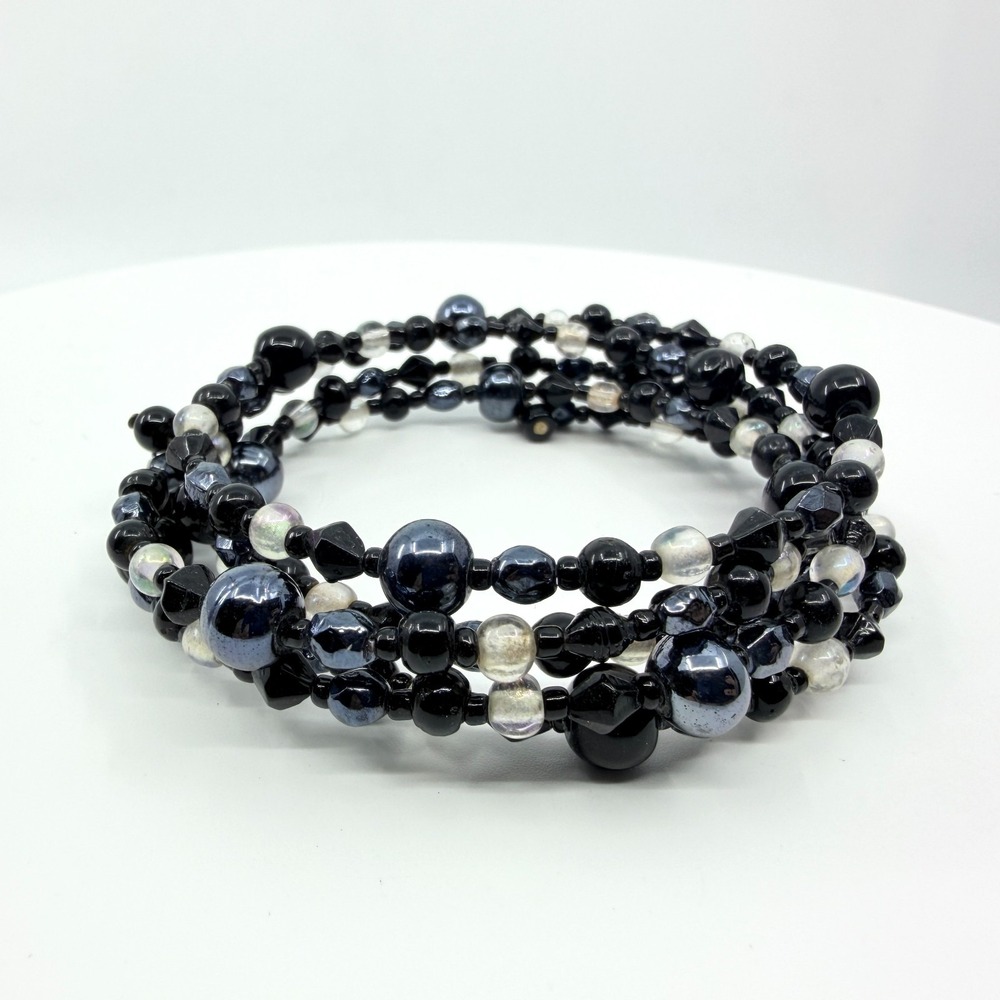 Vintage Y2K Black Gunmetal Beaded Multi-Layer Wrap Memory Wire Bracelet
